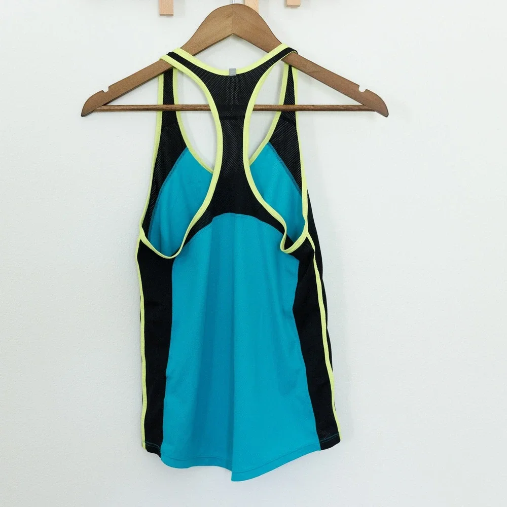 Nike Dri-FIT Racerback Tank Top Blue Black Neon Yellow Mesh Athletic Womens S